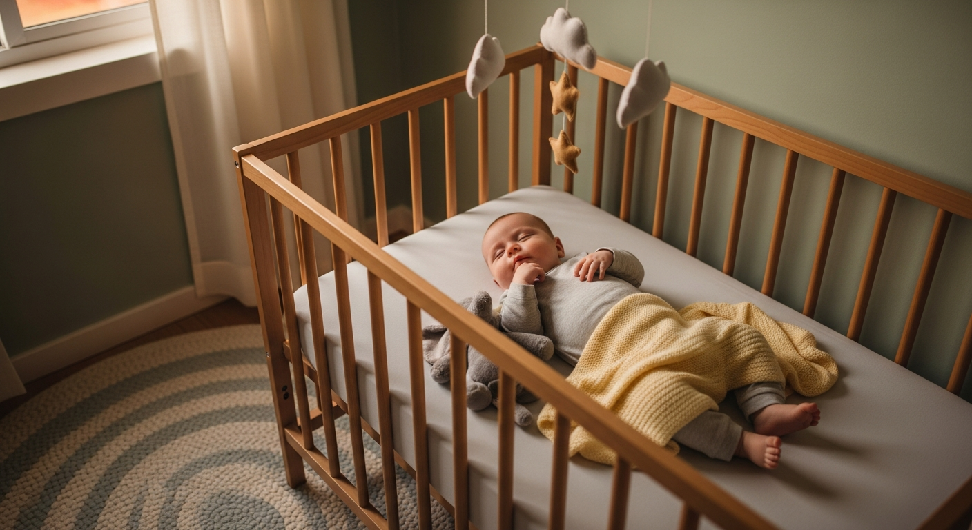Baby peacefully falling asleep independently in crib
