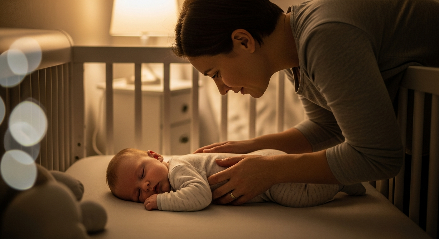 Parent helping baby develop healthy sleep habits in nursery