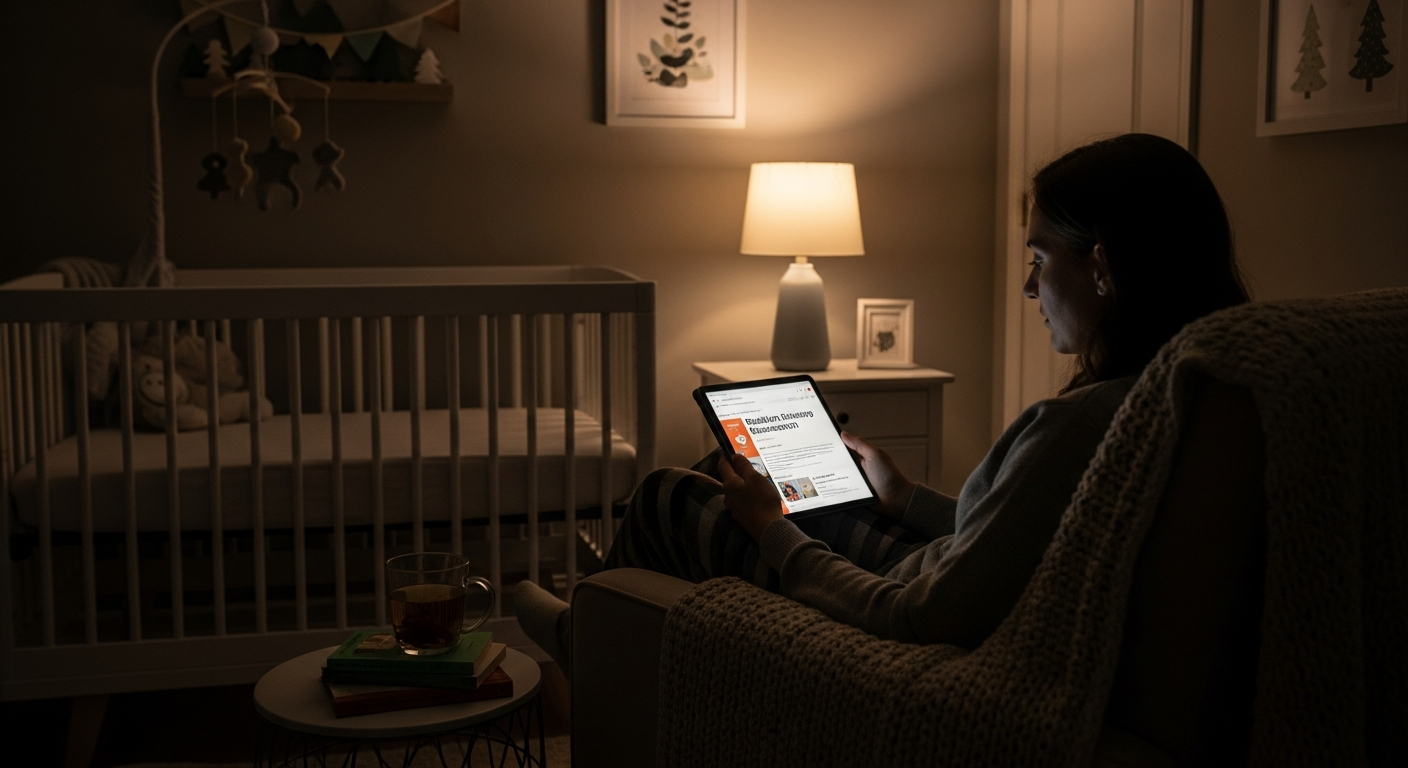 Mother peacefully rocking baby to sleep at night
