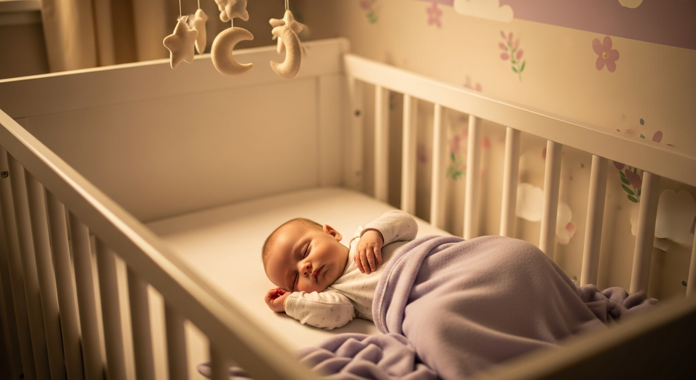 Peaceful sleeping baby in a soft white crib with calming lavender nursery tones